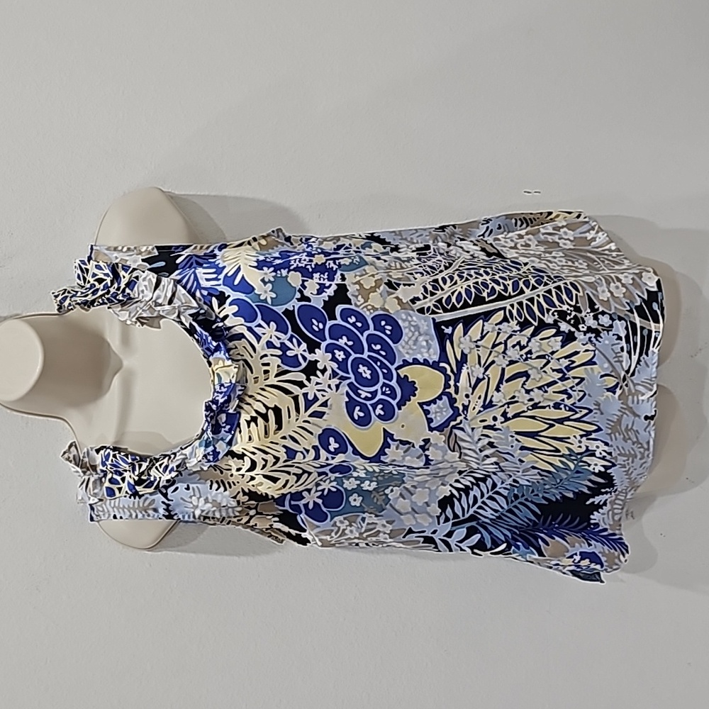 Talbots  Blouse Size M  Blue Floral Sleeveless Ruffle neckline